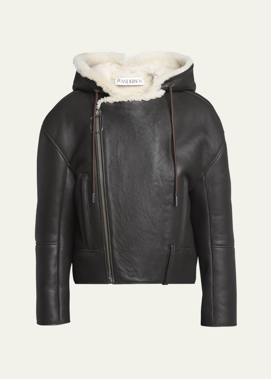 Shearling Hooded Leather Biker Jacket