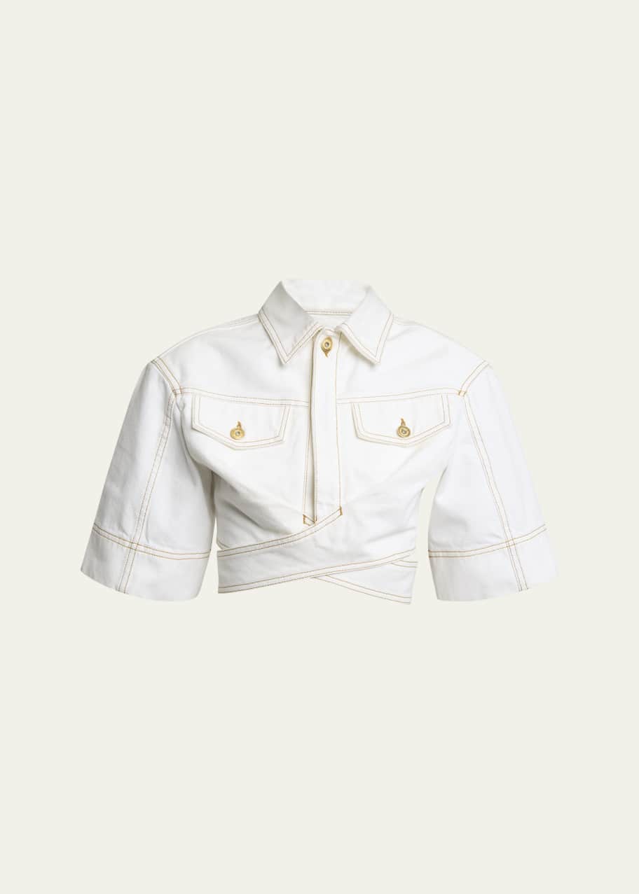 Image 1 of 1: Crossover Cropped Denim Jacket