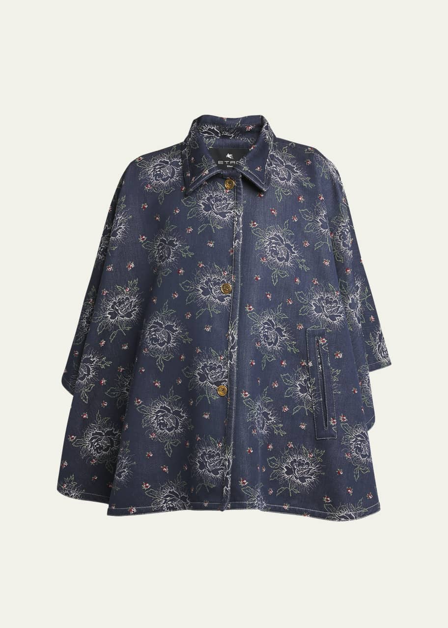 Image 1 of 1: Denim Embroidered Floral Cape