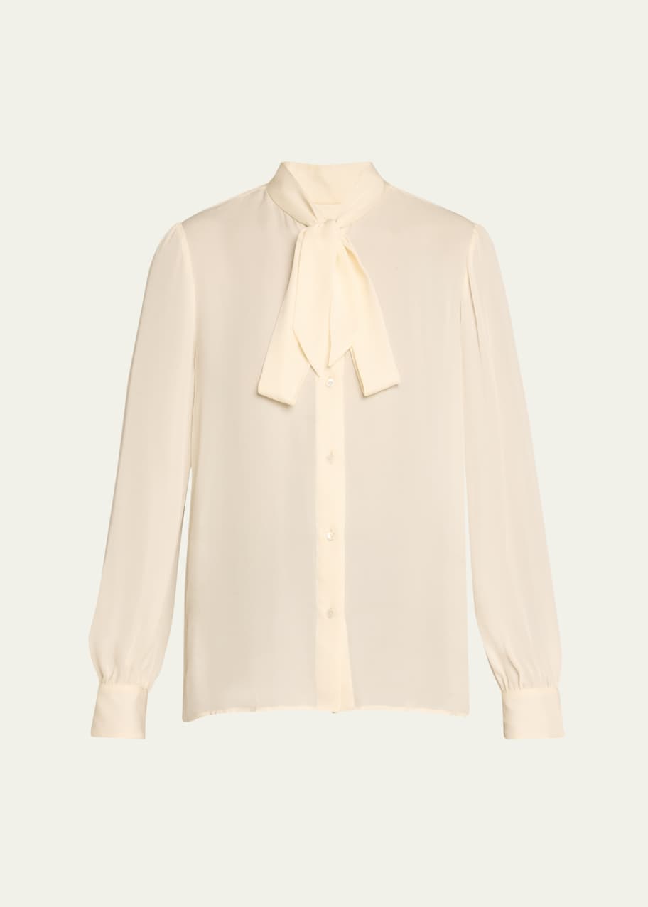 Image 1 of 1: Carina Button-Front Tie-Neck Silk Top
