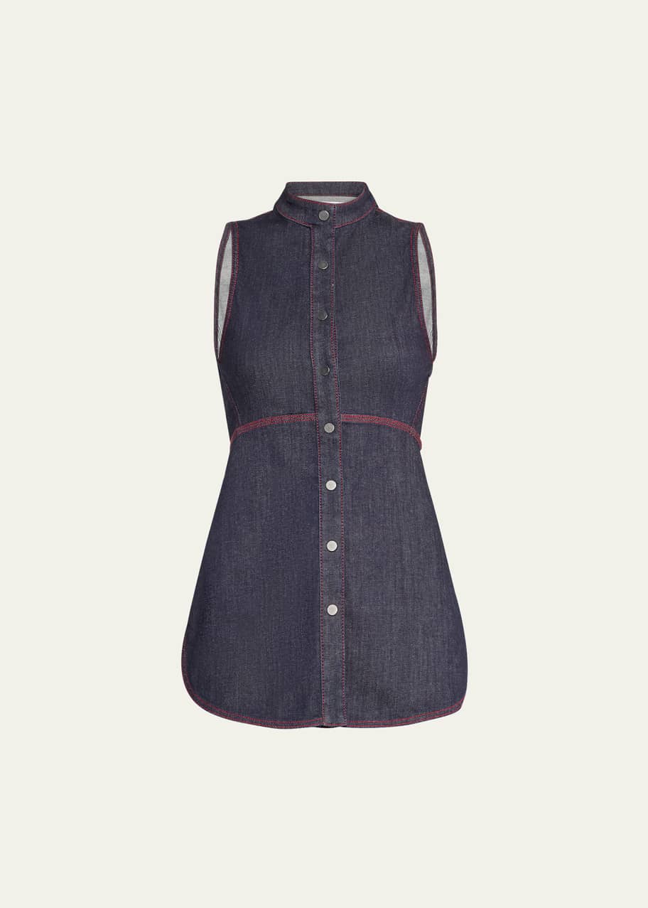 Image 1 of 1: Denim Button Down Flared Blouse