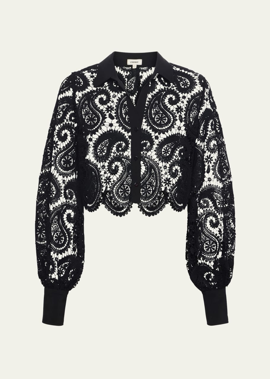 Image 1 of 1: Odelia Paisley Lace Cropped Button-Front Blouse