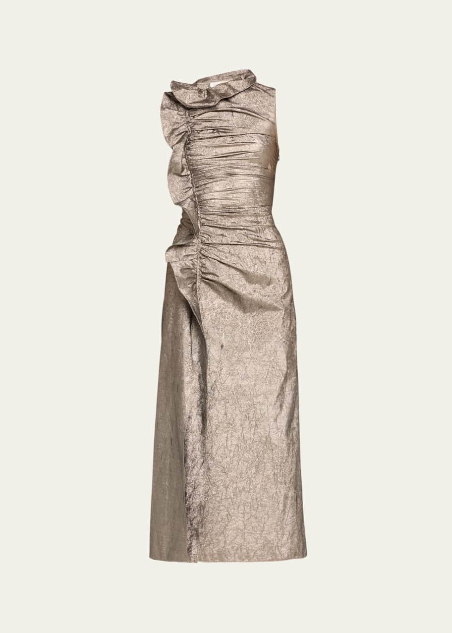 Image 1 of 1: Demetra Metallic Ruffle Sleeveless Midi Dress