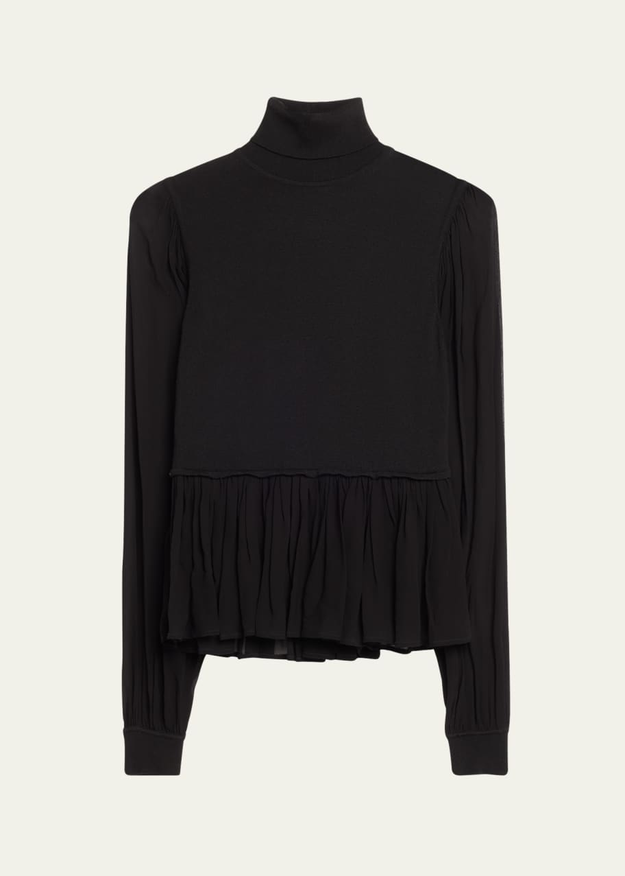 Image 1 of 1: Liana Sheer-Sleeve Wool and Silk Combo Turtleneck Top