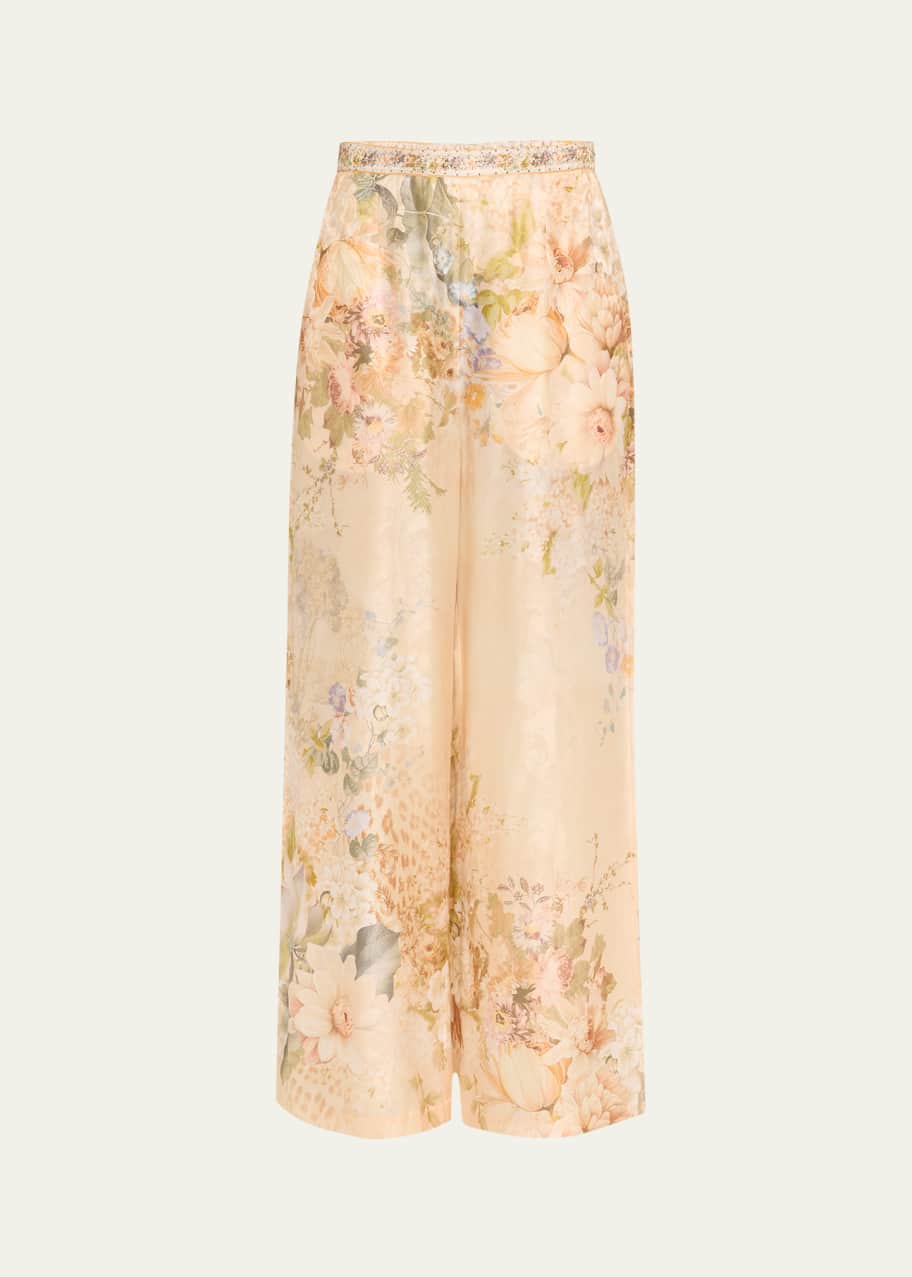 Image 1 of 1: Minimal Floral Silk-Blend Wide-Leg Pants