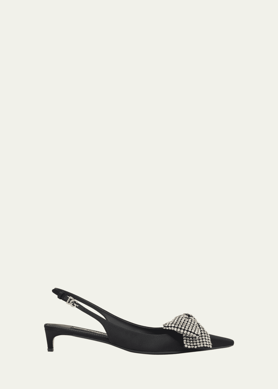Image 1 of 1: Satin Crystal Bow Kitten Slingback Pumps