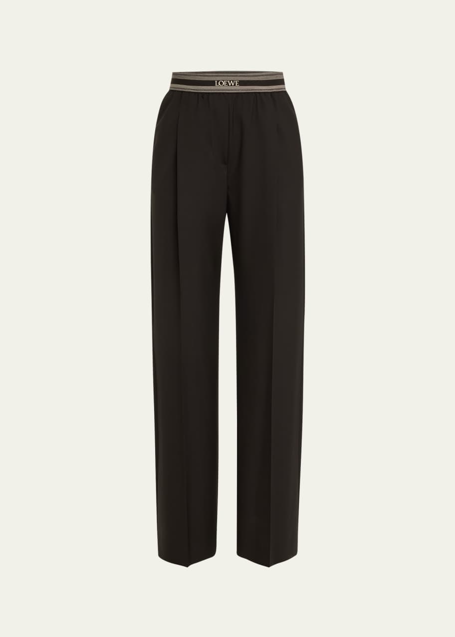 Image 1 of 1: Logo Waistband Pintuck Wool Trousers
