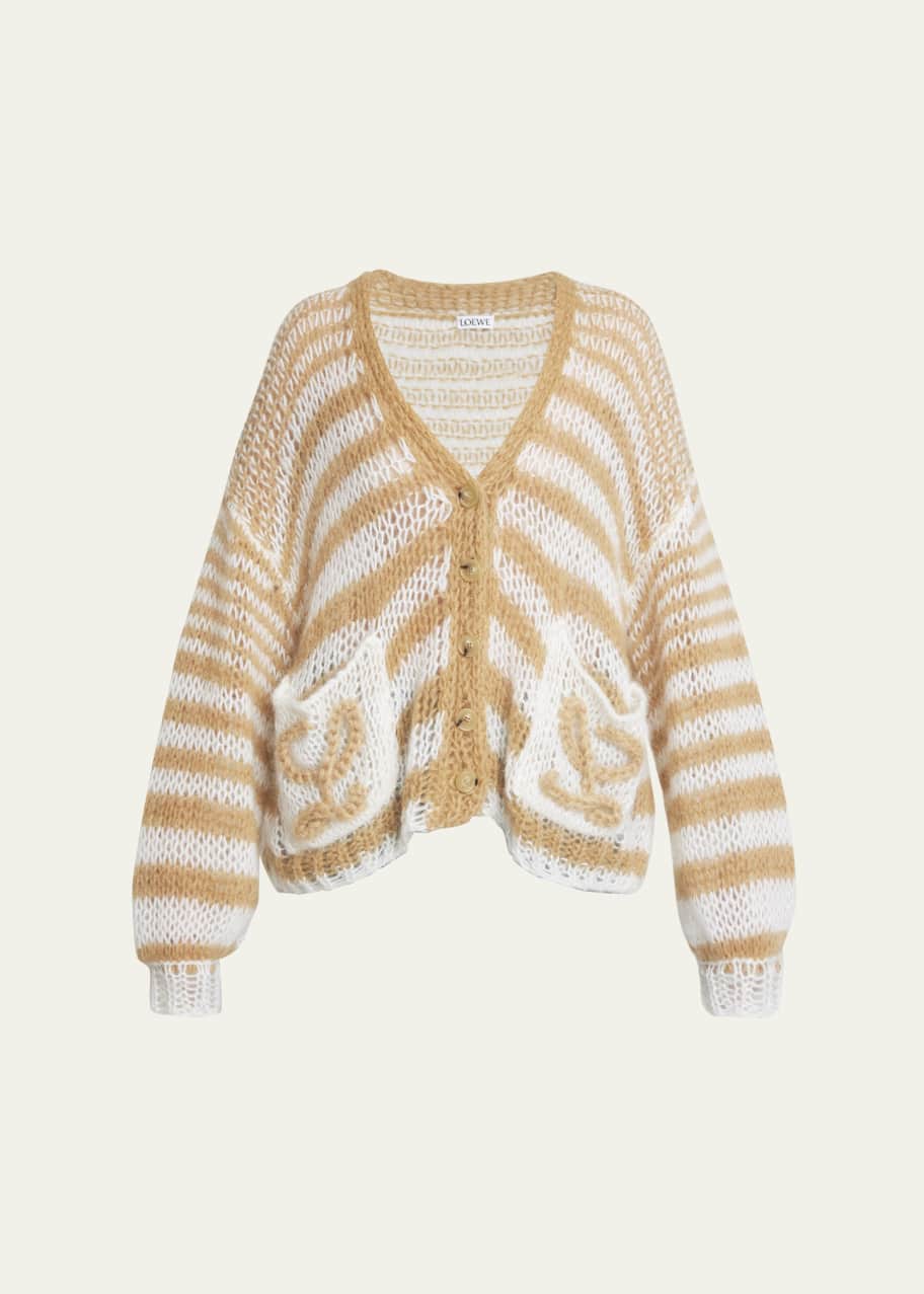 【未使用品】COVER L SIX Mohair Cardigan Stripe Loewe Stripe Anagram Embroidered Mohair Wool Cardigan