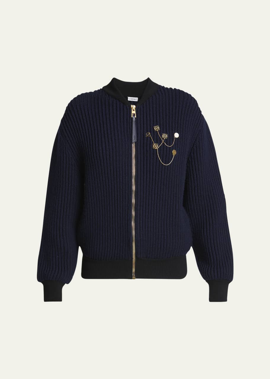 Loewe Logo Pin Ribbed Zip Wool Cardigan - Bergdorf Goodman