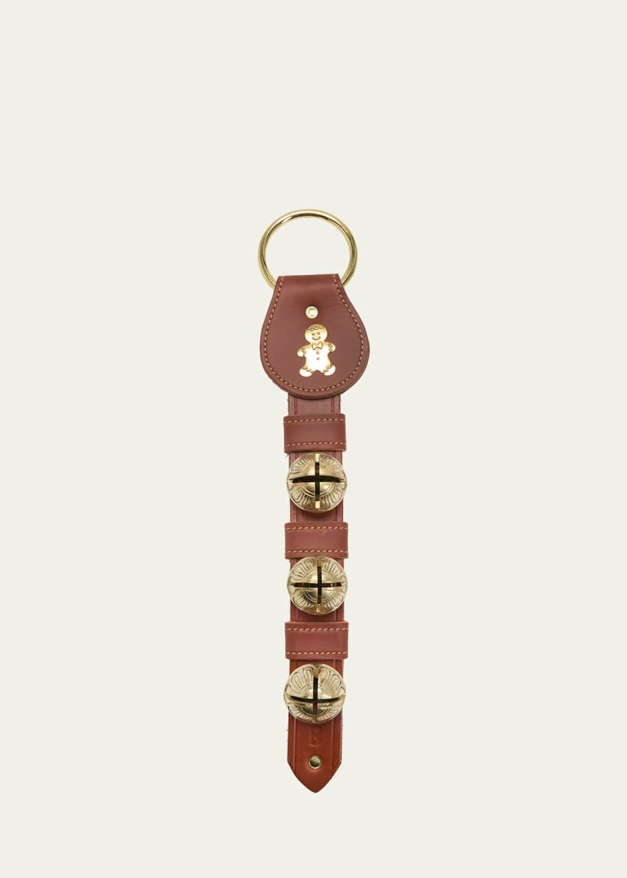 Image 1 of 1: 3 Solid Brass Bells Leather Strap with Gingerbread Charm