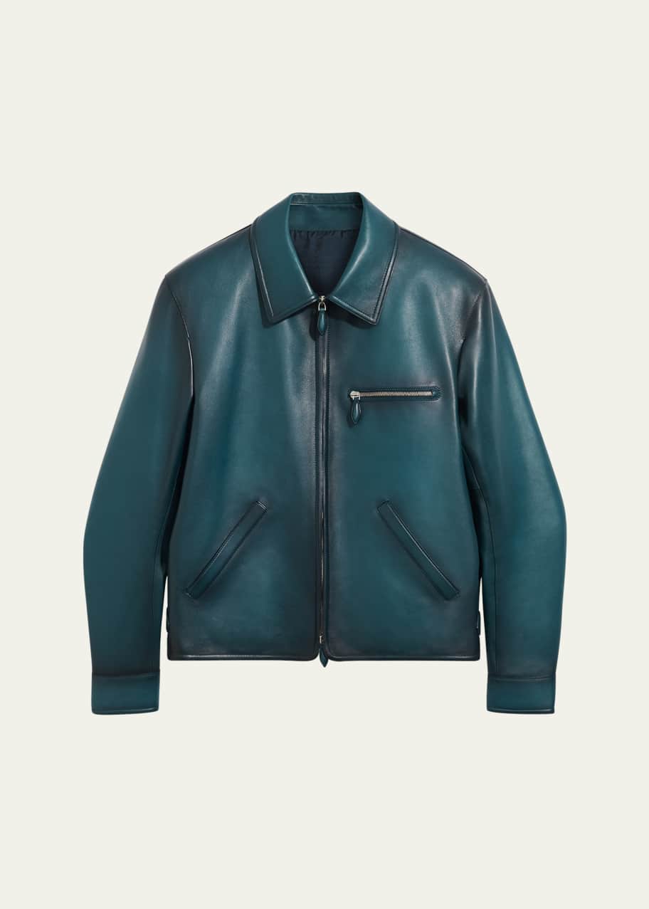 Berluti Men's Meteorite Patina Leather Full-Zip Bomber Jacket
