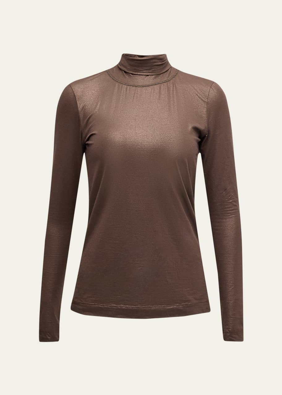 Brunello Cucinelli Monili Turtleneck Lame Jersey Long-Sleeve Top