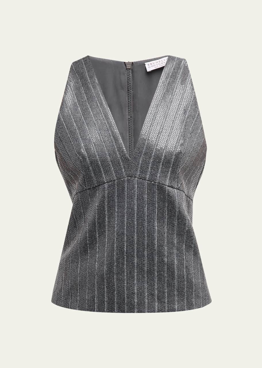 Image 1 of 1: Pinstripe Sequin Embroidered Flannel Sleeveless Top