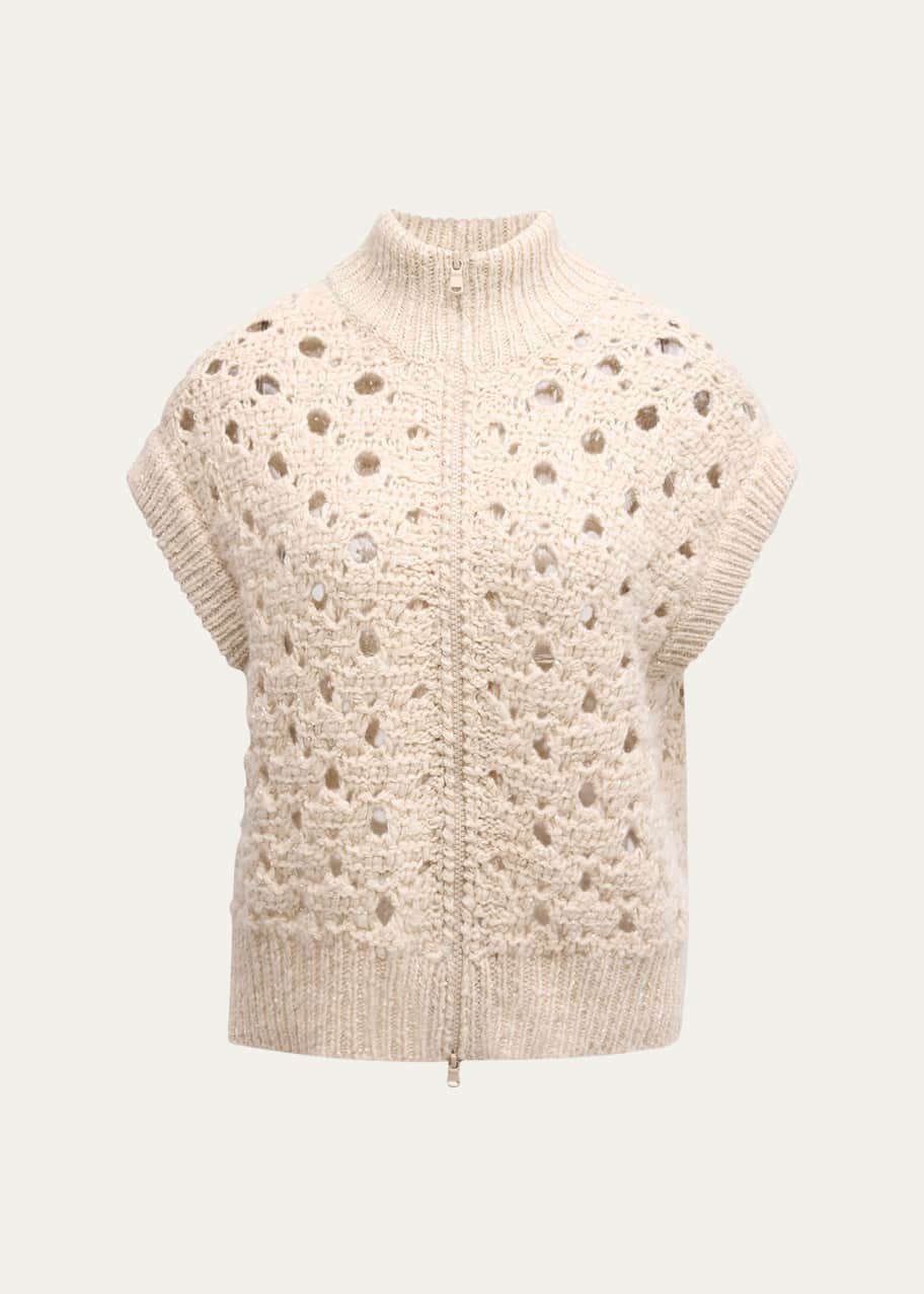 Image 1 of 1: High-Neck Paillette Round Open-Weave Zip Cashmere Cardigan