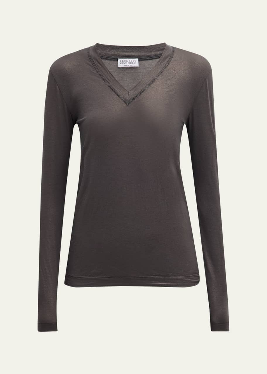 Image 1 of 1: Monili V-Neck Long-Sleeve Lame Jersey Top