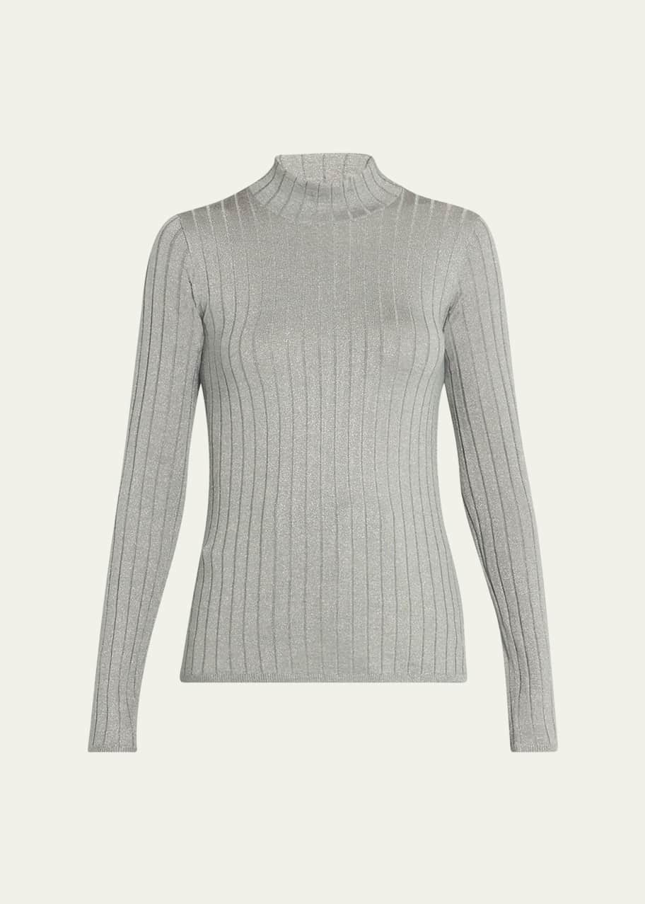 Image 1 of 1: Metallic-Rib Cuff Cashmere-Silk Sweater
