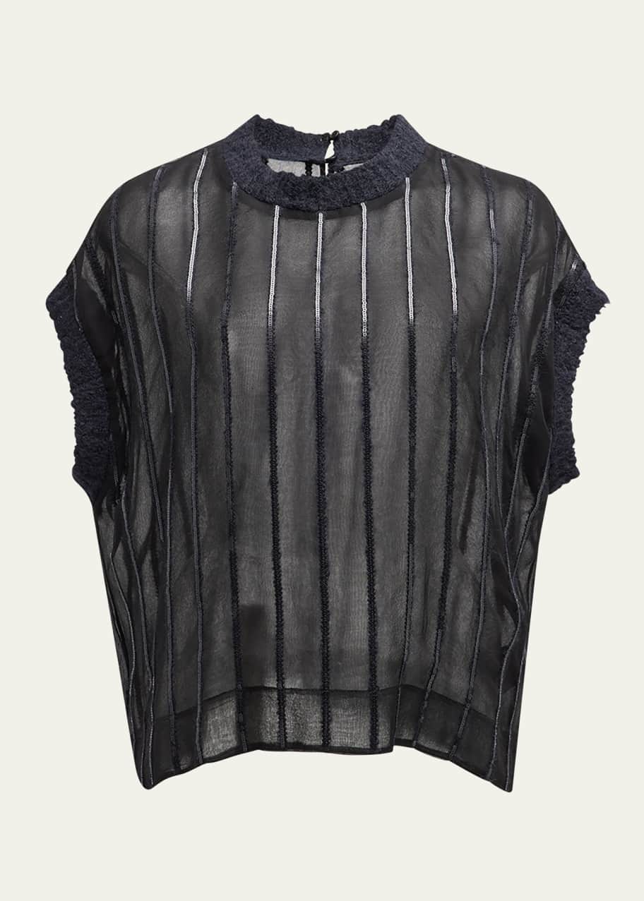 Image 1 of 1: Sequin Wool Striped Crispy Silk Chiffon Blouse