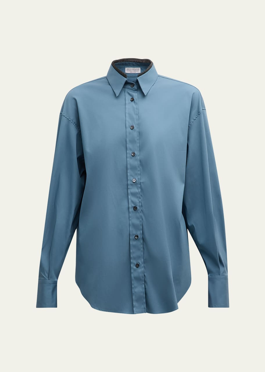Image 1 of 1: Poplin Stretch Button Down Monili Trim Top