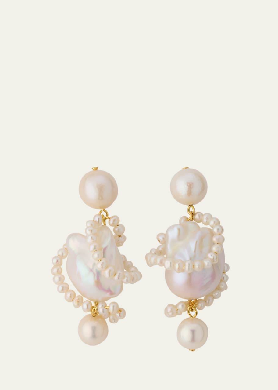 Image 1 of 1: Carvings 18K Gold Vermeil Earrings with Baroque and Freshwater Pearls