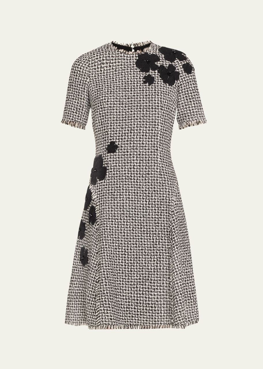 Image 1 of 1: Fringe-Trim Floral Applique Tweed Dress