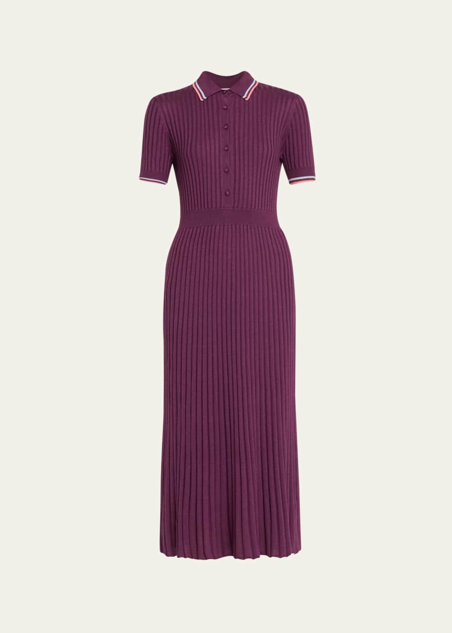 Image 1 of 1: Eyot Short-Sleeve Cashmere Rib Maxi Polo Dress