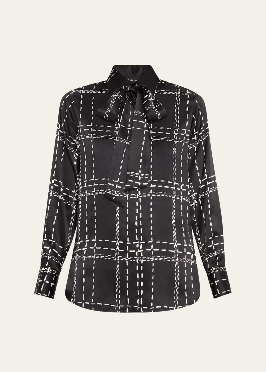 Image 1 of 1: Stitch Print Neck-Tie Silk Blouse