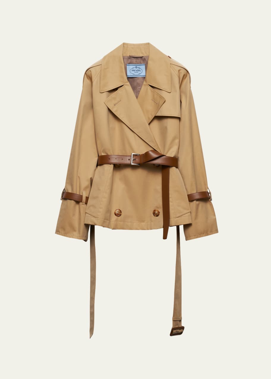 Prada Short Leather Belted Twill Trench Jacket - Bergdorf Goodman