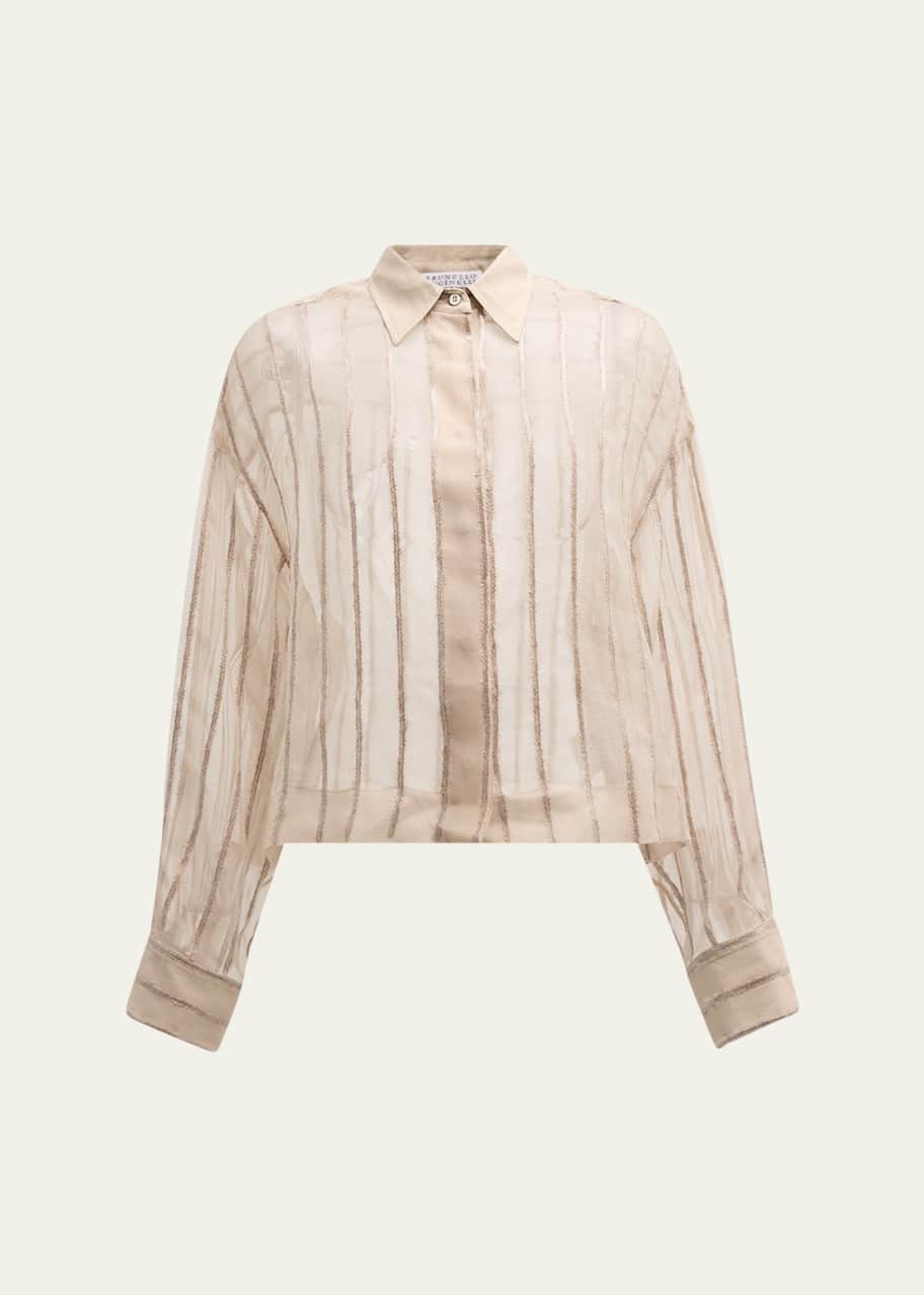Image 1 of 1: Crispy Silk Button-Front Blouse with Sequin Stripes