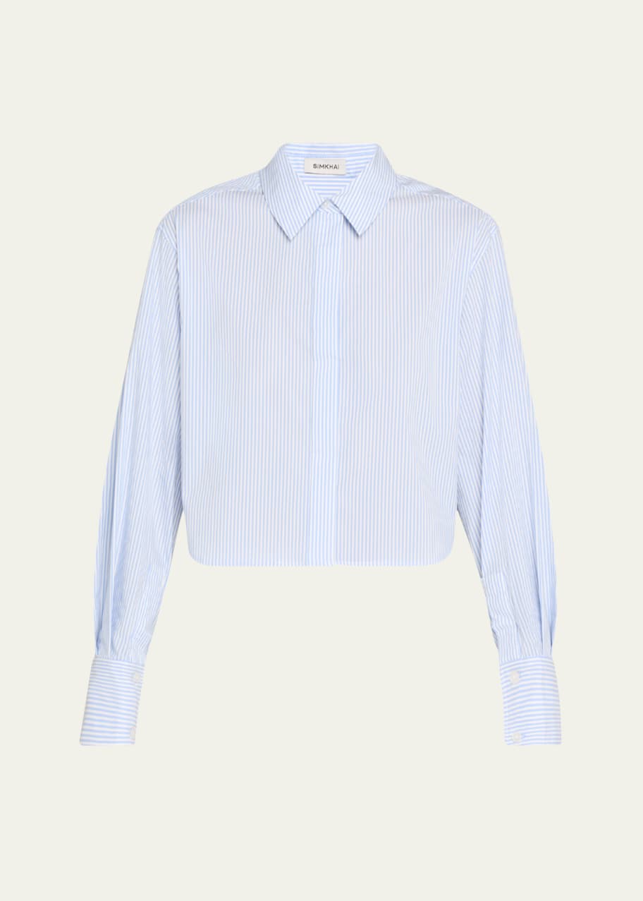 Image 1 of 1: Renata Striped Cotton Cropped Button-Front Shirt