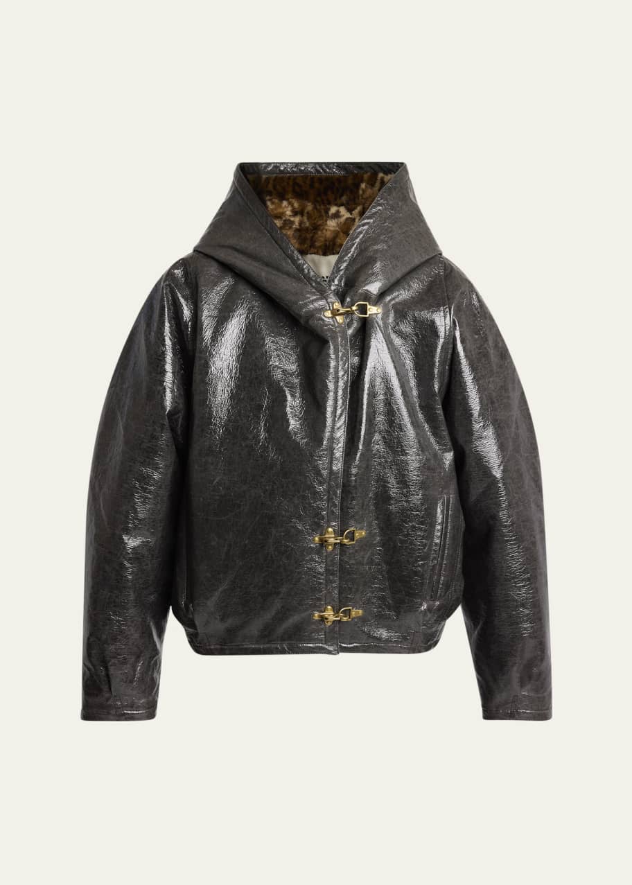Image 1 of 1: Lanniya Vinyl Coat with Leopard Faux Fur Lining