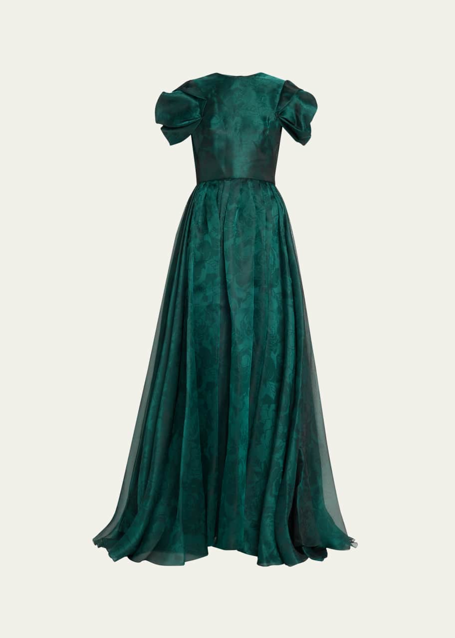 Reem Acra Printed Organza Draped Sleeve Gown - Bergdorf Goodman