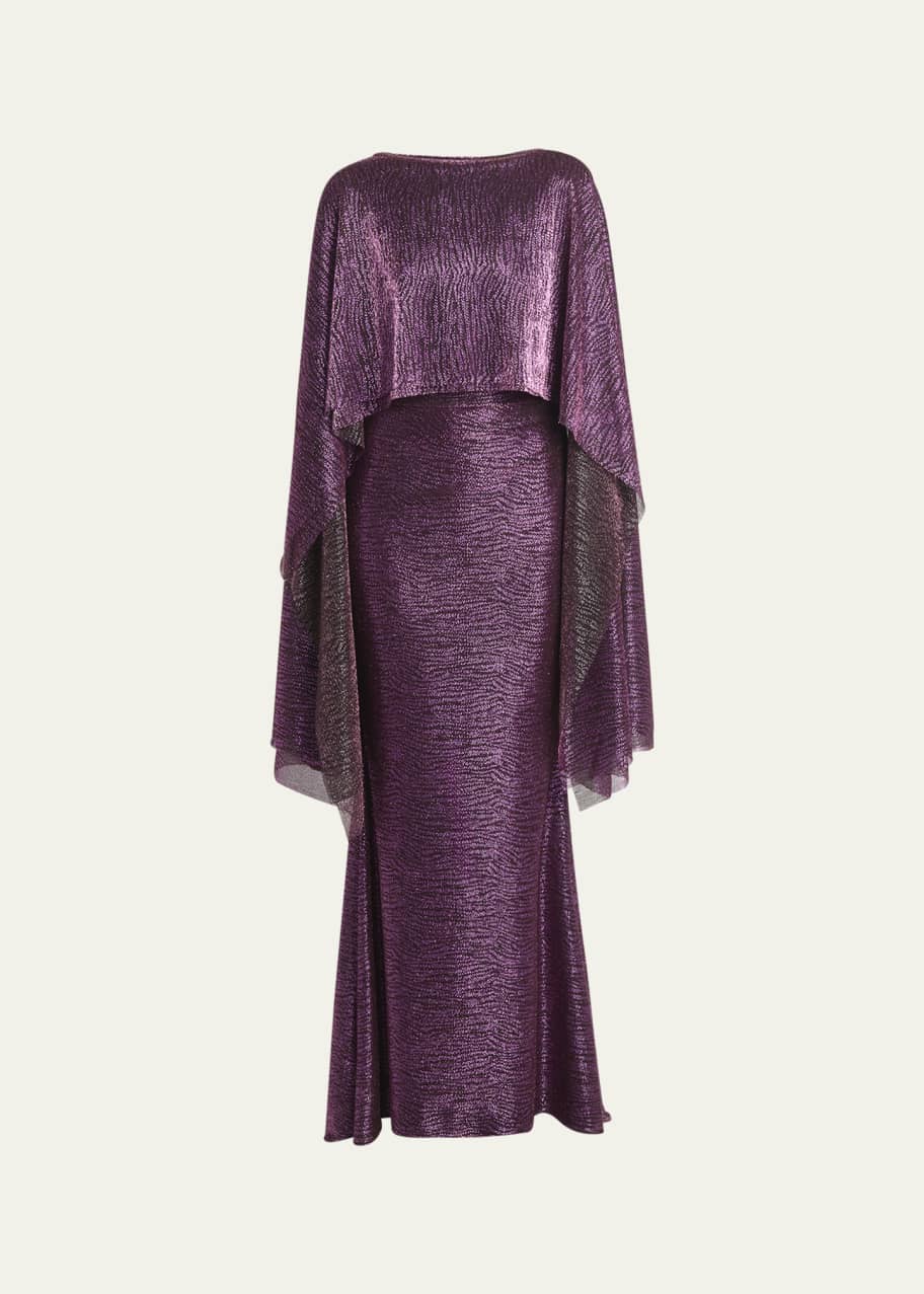 Image 1 of 1: Metallic Voile Half-Cape Evening Dress