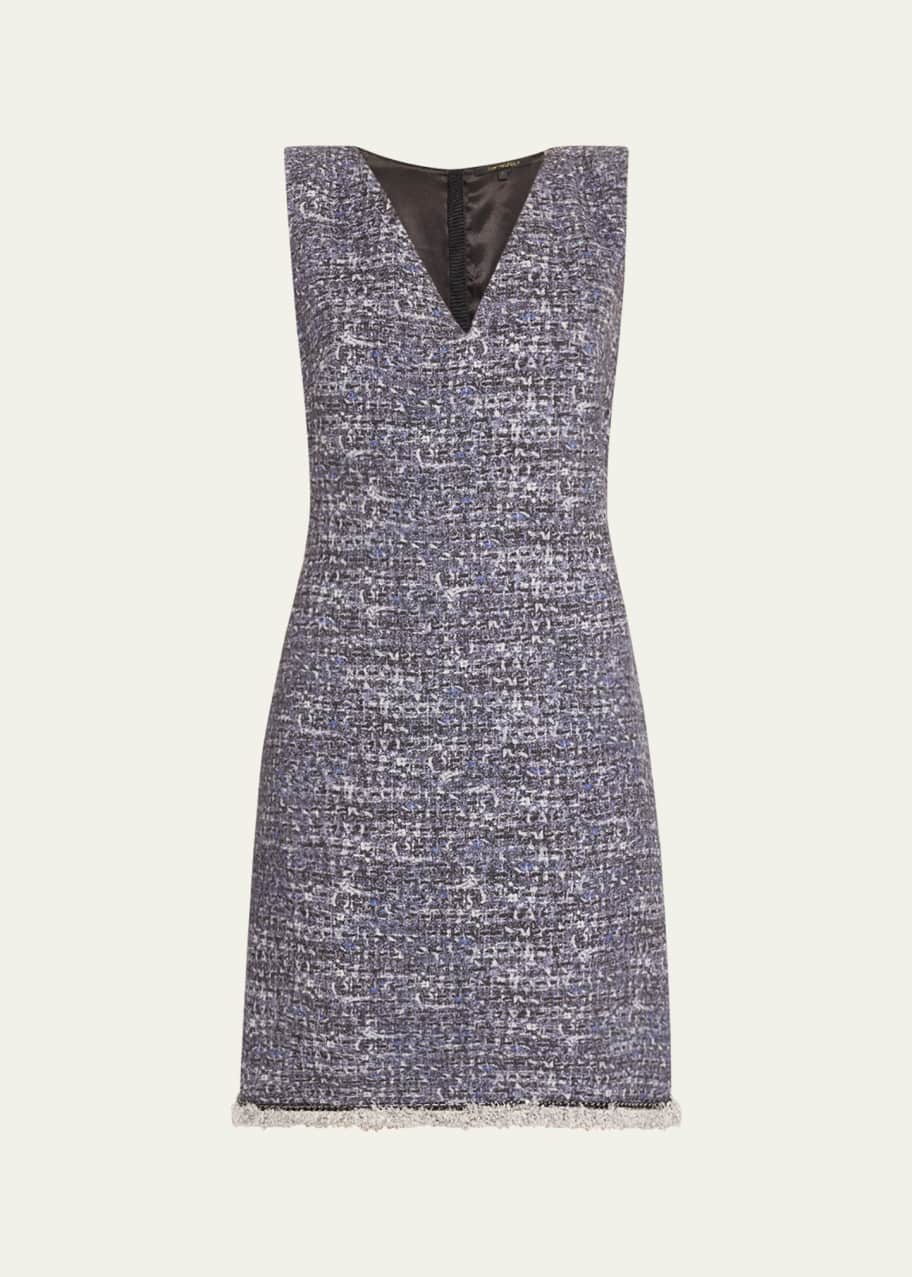 Image 1 of 1: Kelly Sleeveless Fringe-Hem Boucle Mini Dress