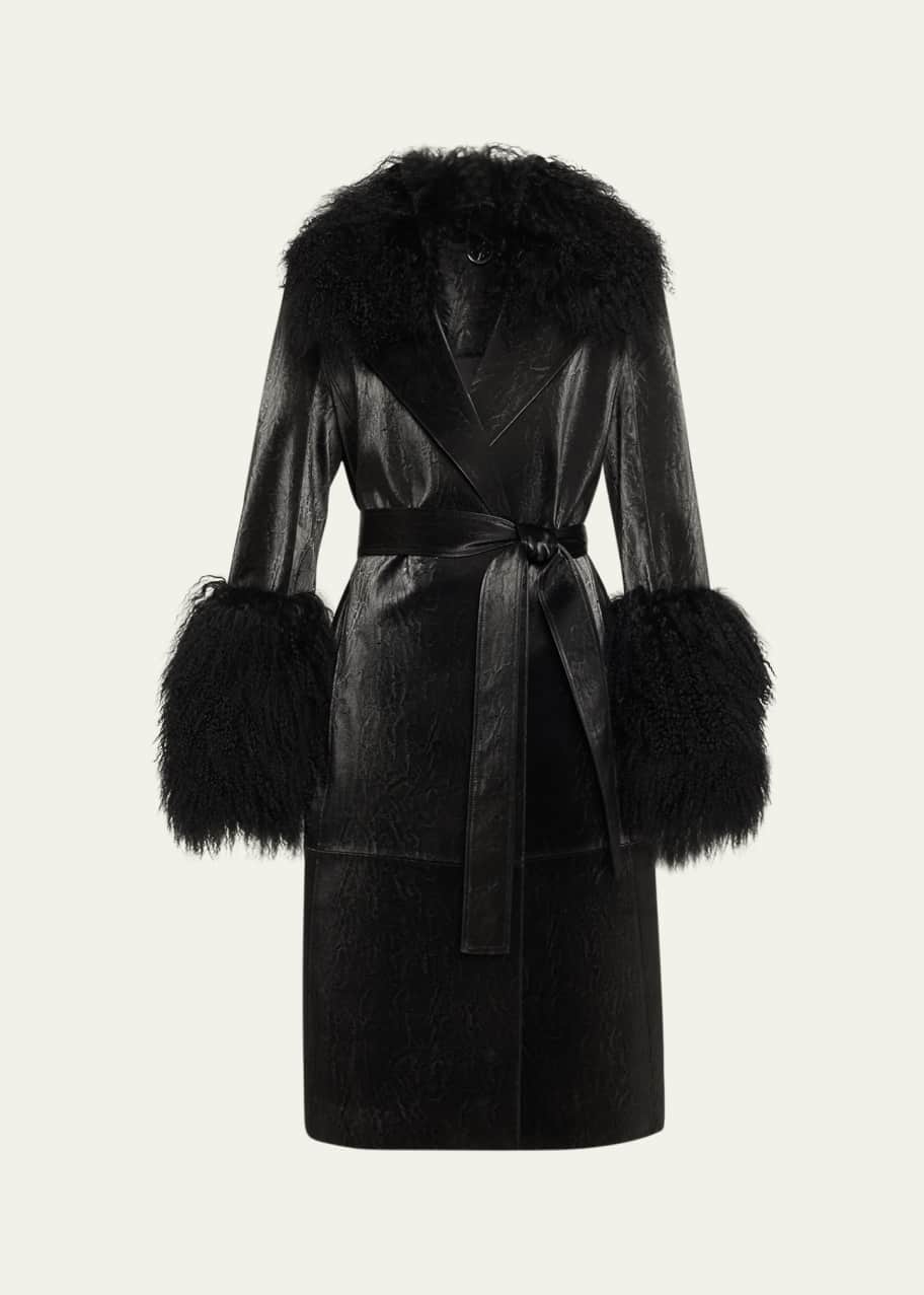 Image 1 of 1: Viv Crinkled Shearling-Trim Coat
