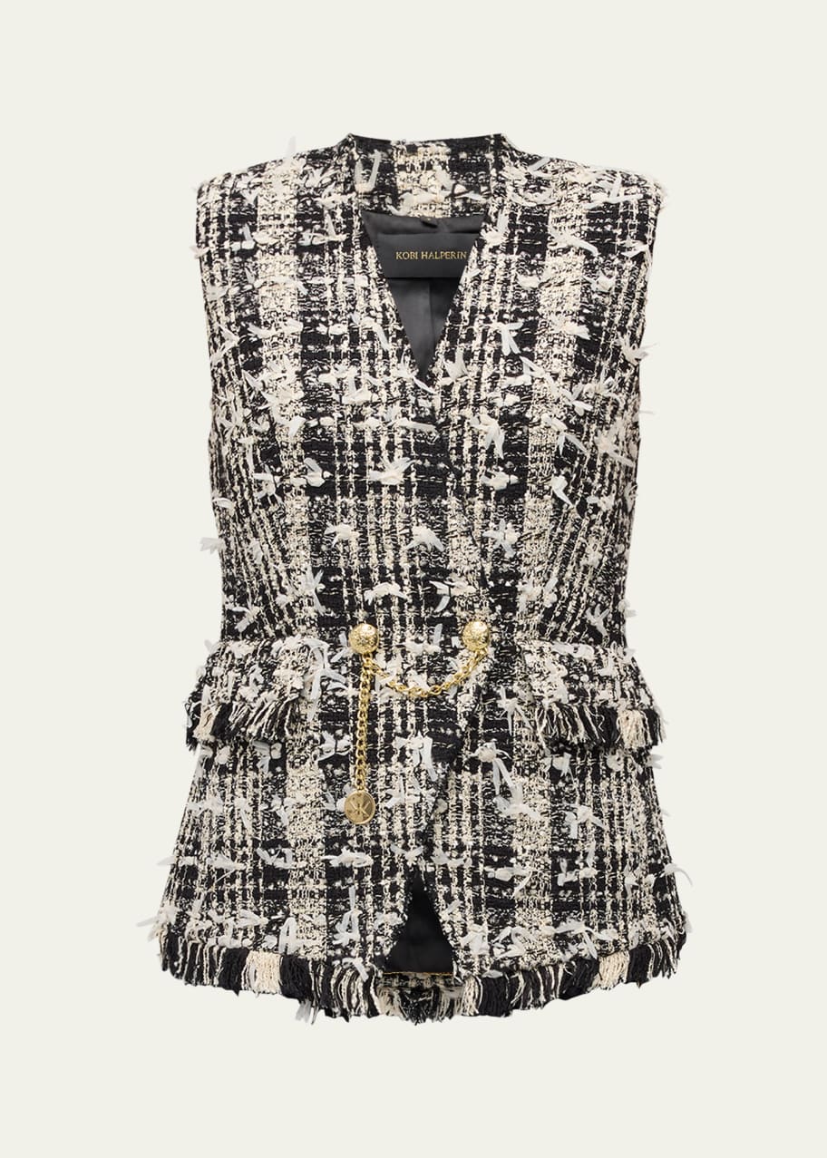 Image 1 of 1: Danni Chain-Embellished Frayed Tweed Vest