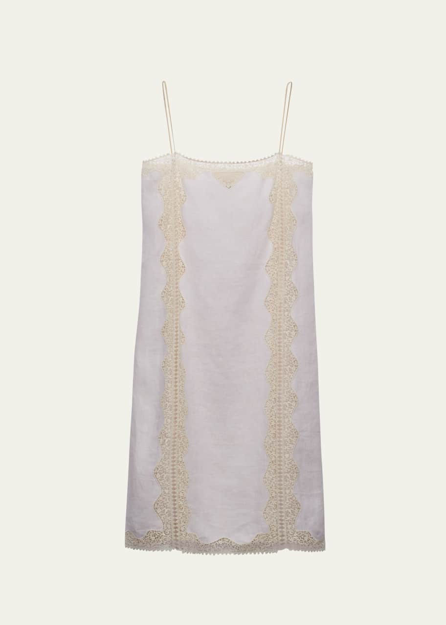 Prada Women's Embroidered Lace-trimmed Linen Dress - Cream - Size 2