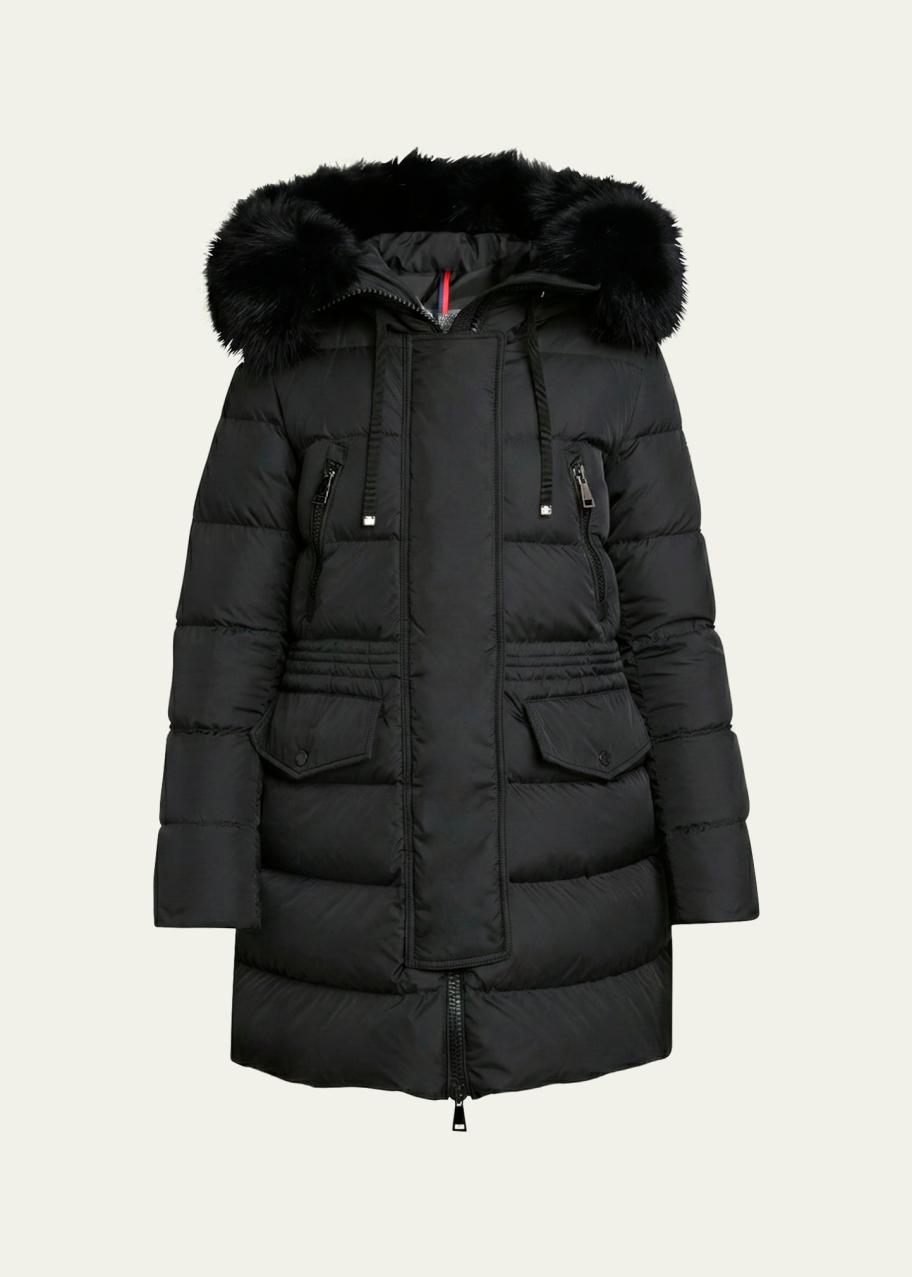 モンクレールダウン　アルフレッド ALFRED MONCLER BLACK Moncler Aphroti Mid-Length Puffer Jacket with Shearling Hood Trim