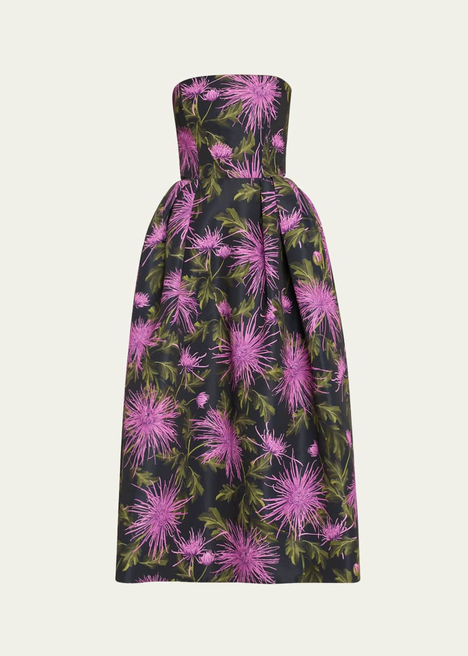 Image 1 of 1: Strapless Chrysanthemum Faille Printed Gown