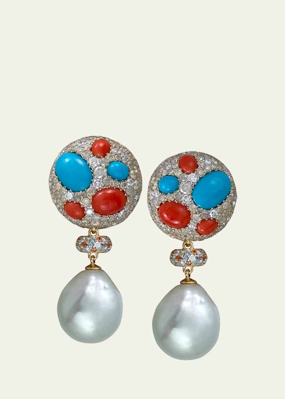 Image 1 of 1: Coral, Turquoise, Diamond, Multi-Stone, and Pearl Drop Earrings