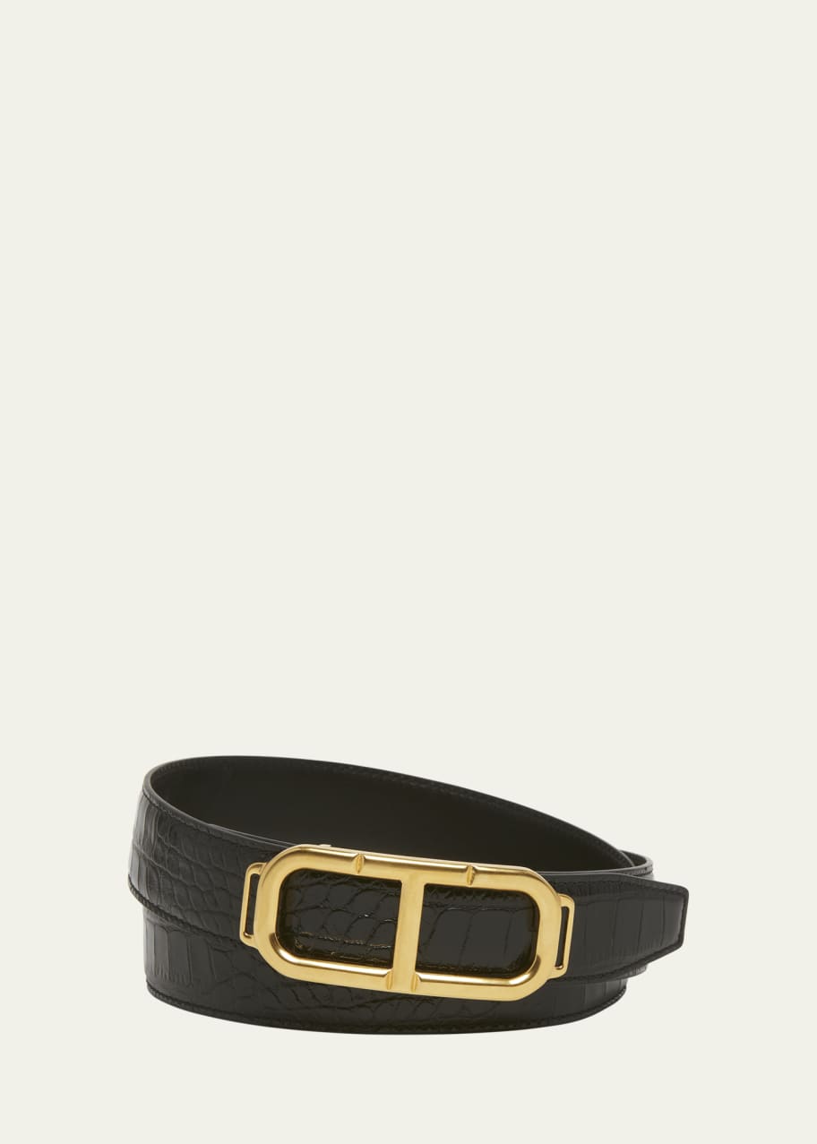 TOM FORD Men's Croc-Effect Leather Stadium T-Buckle Belt