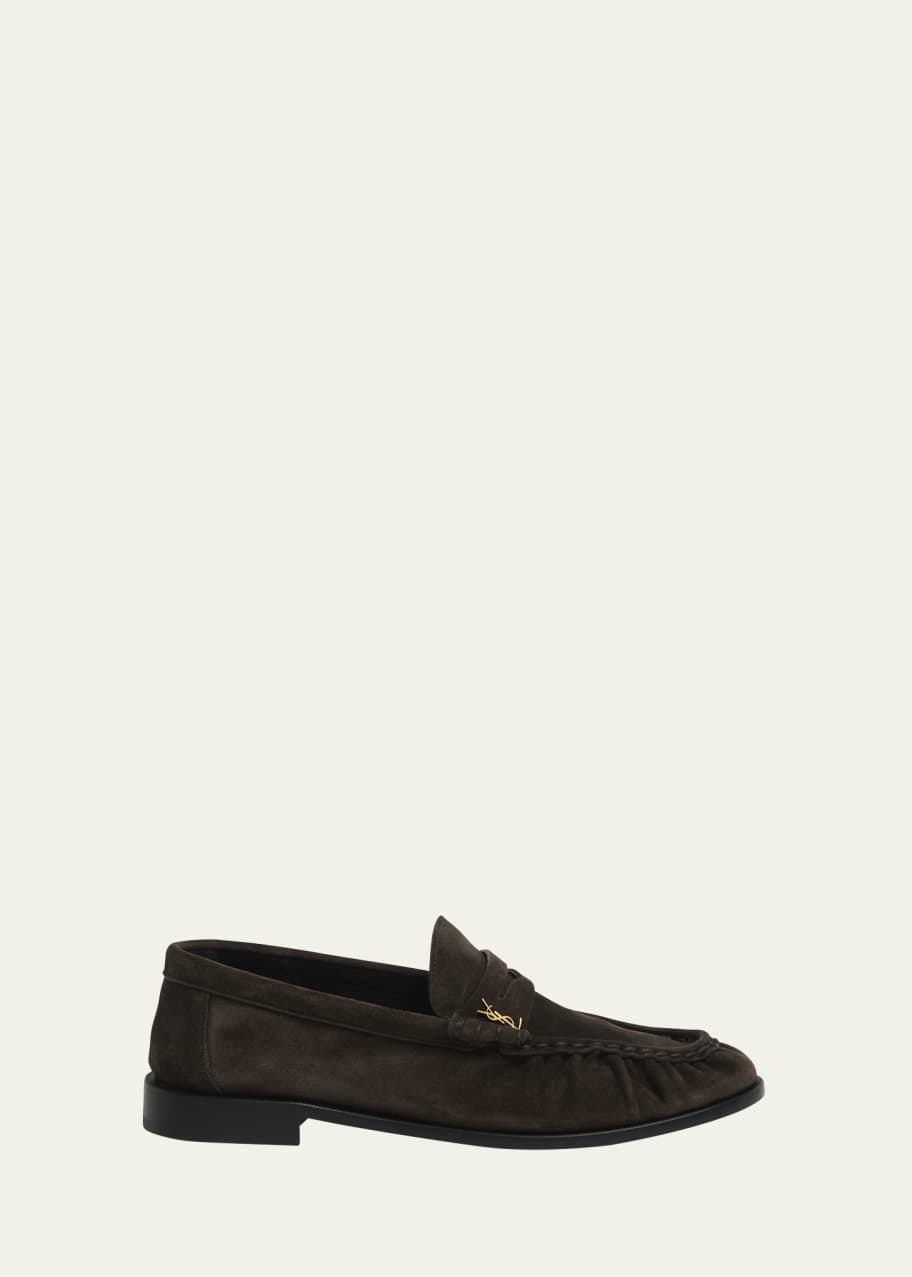 Saint Laurent Suede YSL Penny Loafers - Bergdorf Goodman