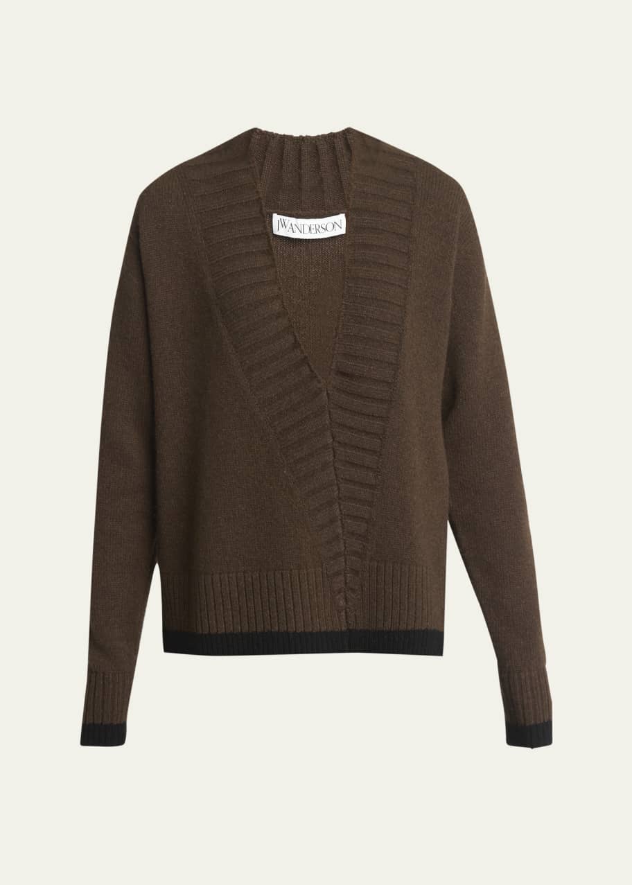 Image 1 of 1: Slanted V Neck Wool Cashmere Sweater with Tipping