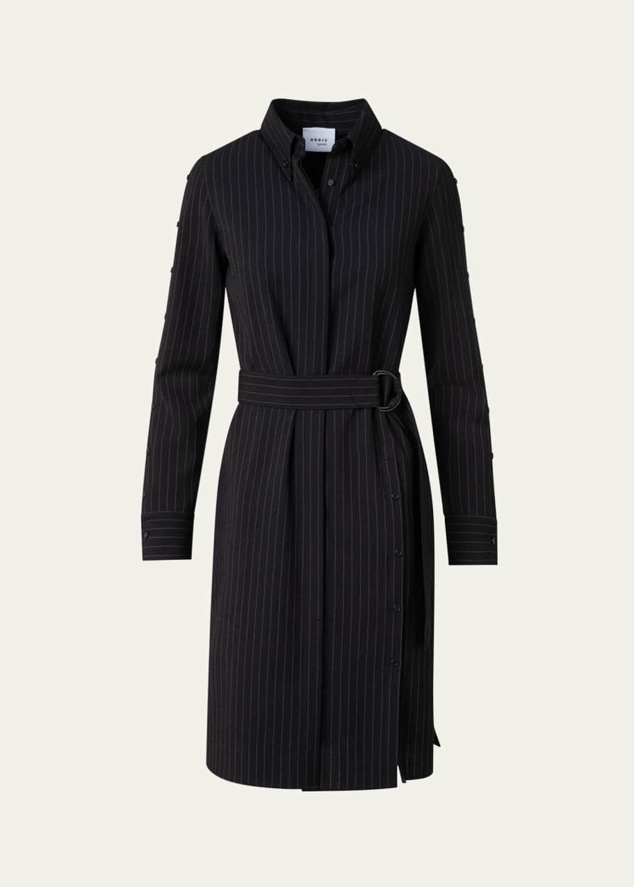 Image 1 of 1: Pinstripe Belted Wool Shirt Dress