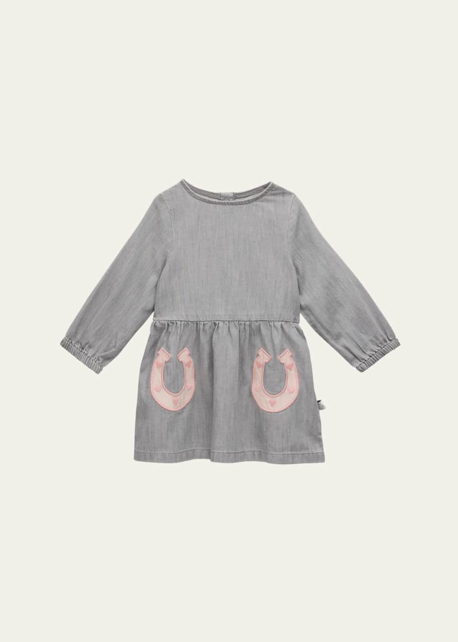 Image 1 of 1: Girl's Chambray Dress W/ Horse Shoe Patches, Size 12M-36M