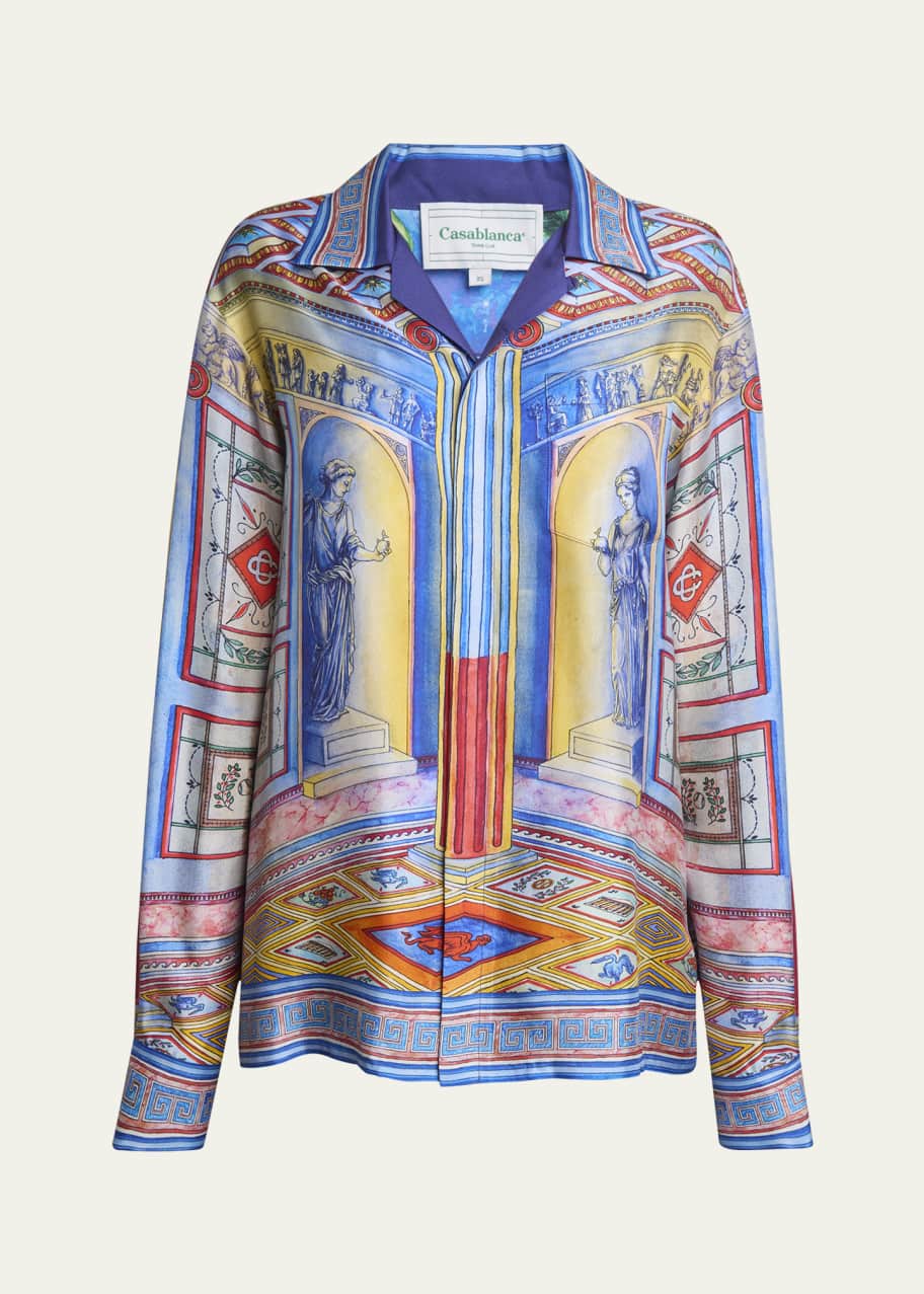 Image 1 of 1: Cuban-Collar Long-Sleeve Printed Silk Shirt
