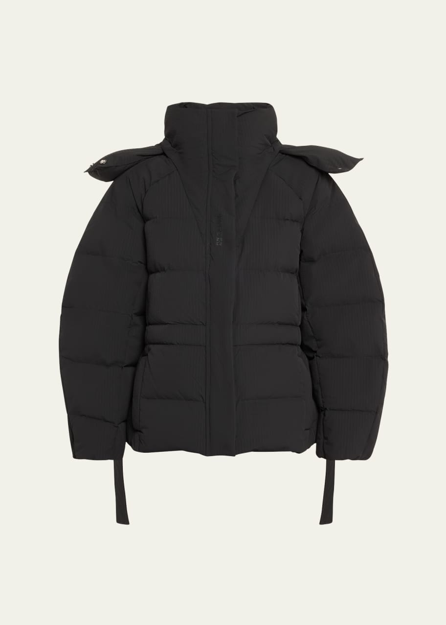 Ganni Oversized Seersucker Puffer Jacket with Removable Hood