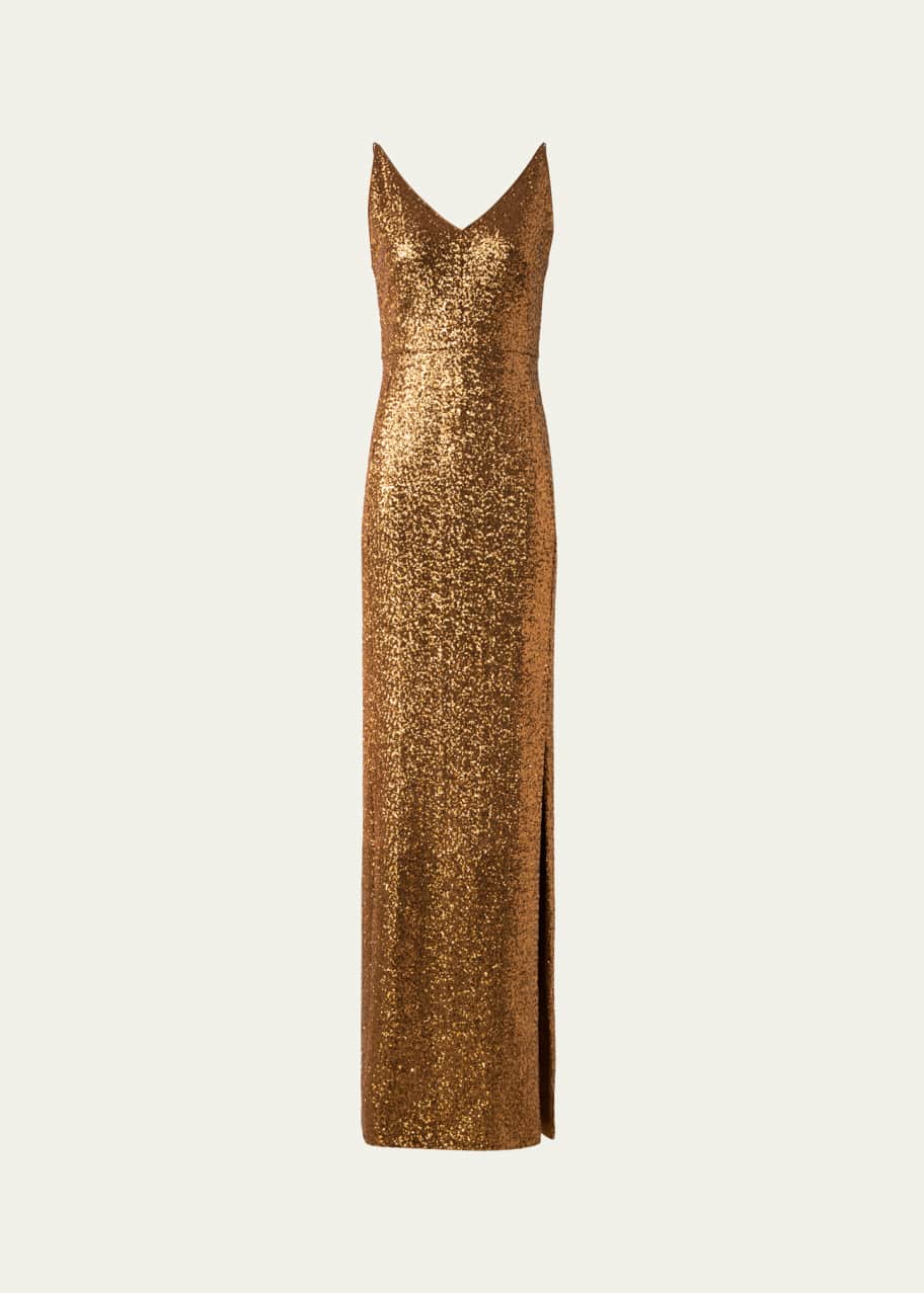 Image 1 of 1: V-Neck Stretch Paillette Jersey Slit Gown