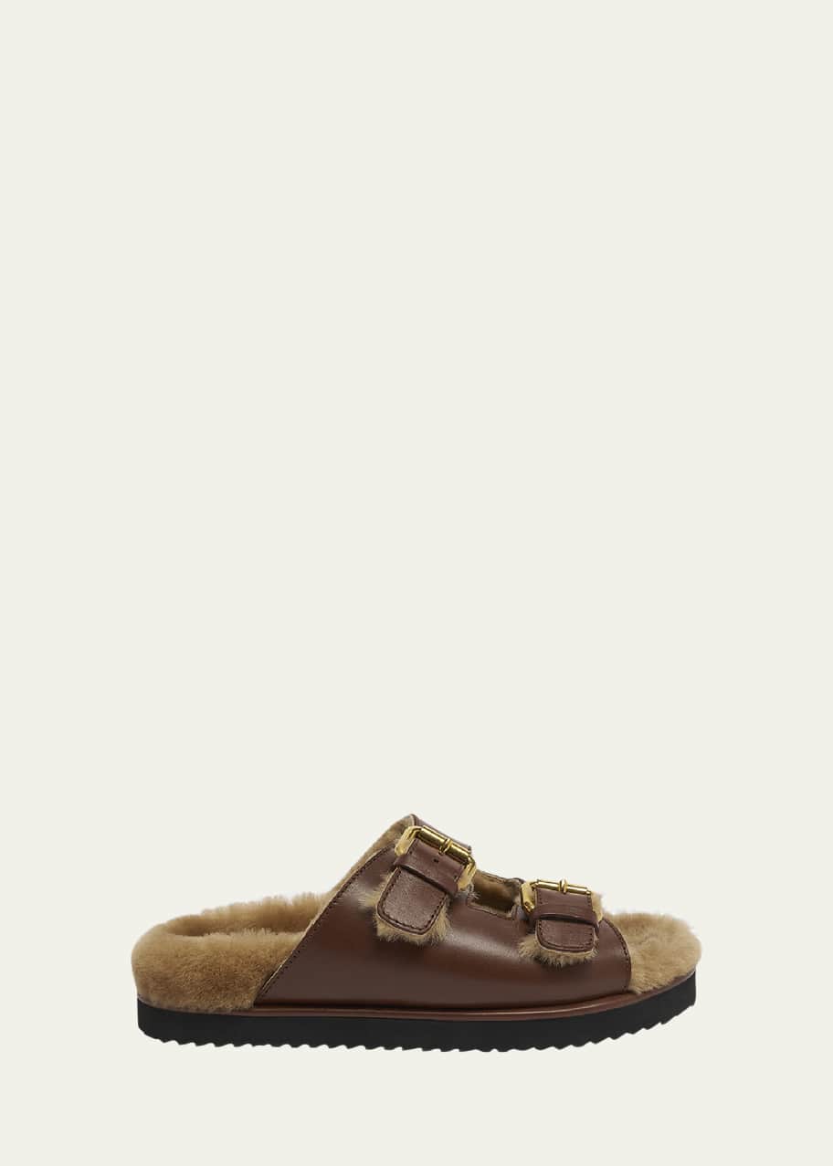 Image 1 of 1: Nil Leather Shearling Dual-Buckle Sandals