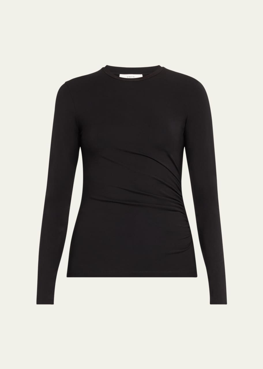 Image 1 of 1: Side Drape Long-Sleeve Crewneck Top