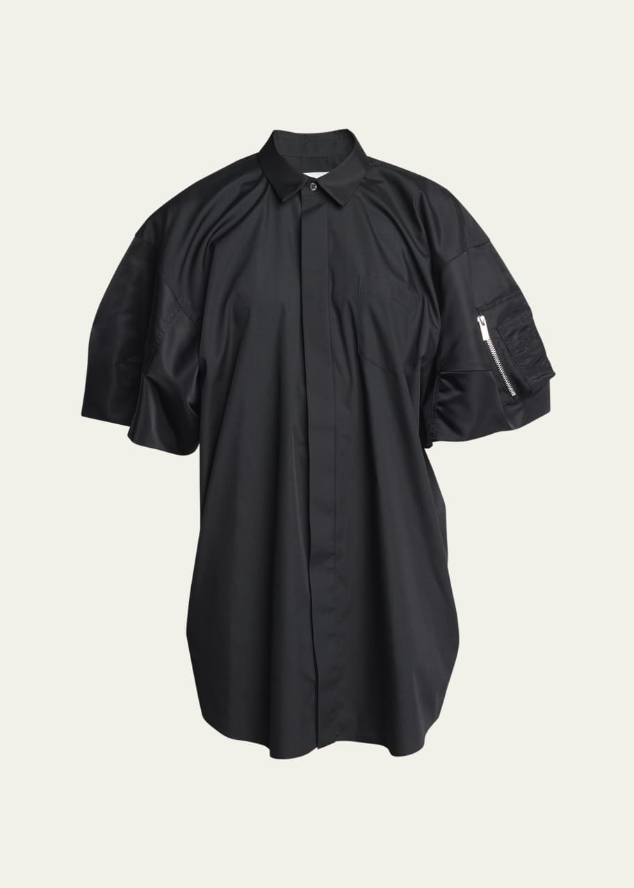 Image 1 of 1: Puff Nylon Sleeve Wool Shirting Mini Dress